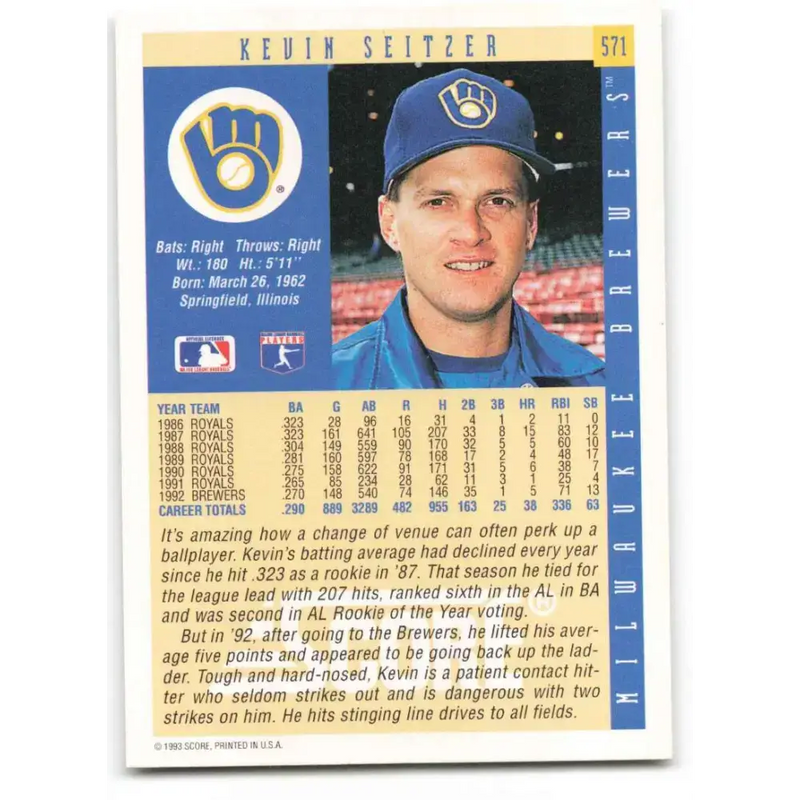 1993 Score #571 Kevin Seitzer NM-MT Milwaukee Brewers Baseball Card - Baseball Card Single
