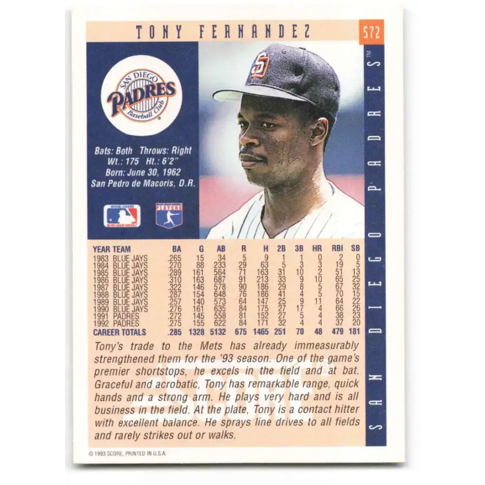 1993 Score #572 Tony Fernandez NM-MT San Diego Padres Baseball Card - Baseball Card Single