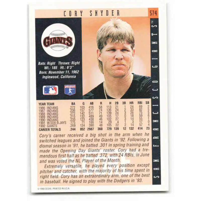 1993 Score #574 Cory Snyder NM-MT San Francisco Giants Baseball Card - Baseball Card Single