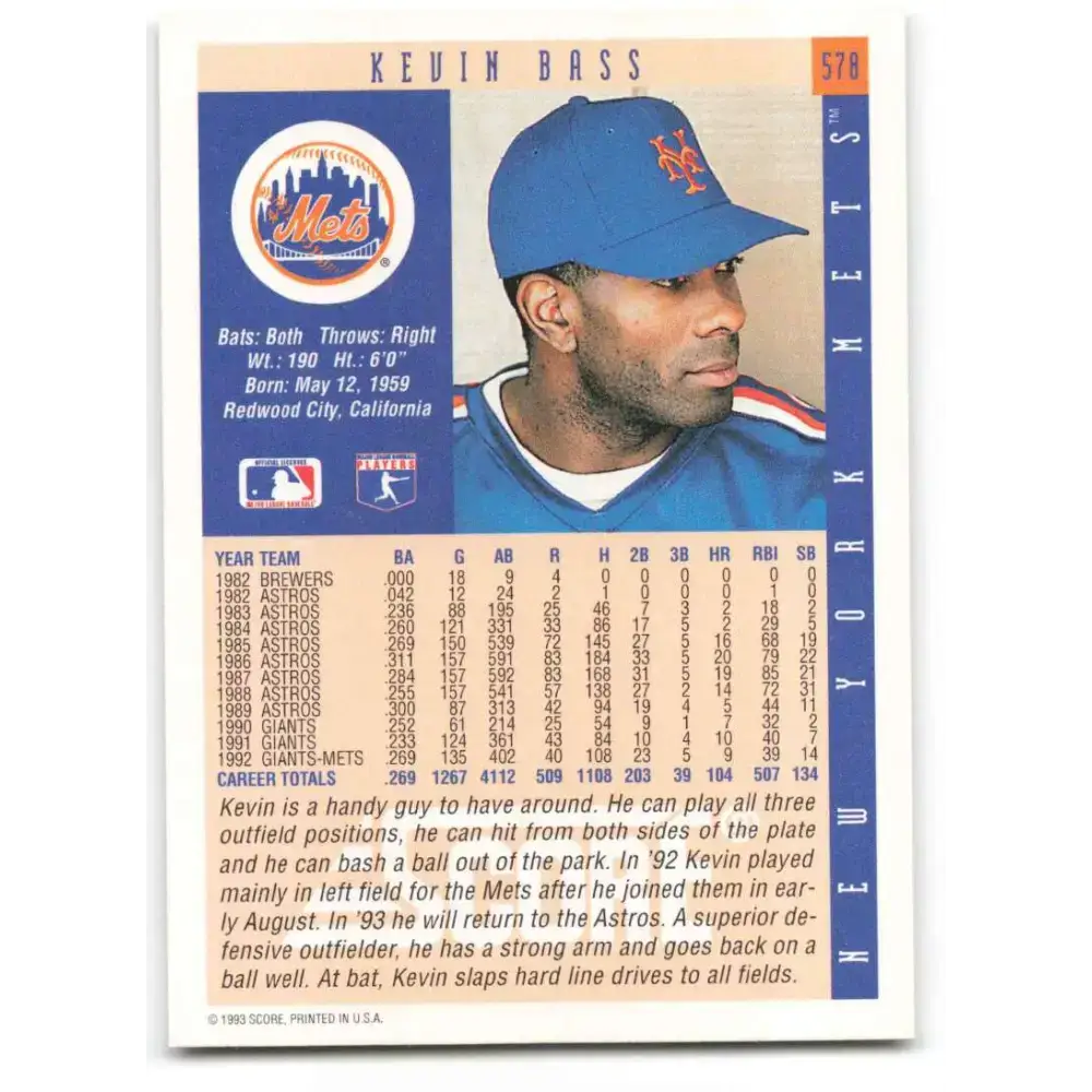 1993 Score #578 Kevin Bass NM-MT New York Mets Baseball Card - Baseball Card Single