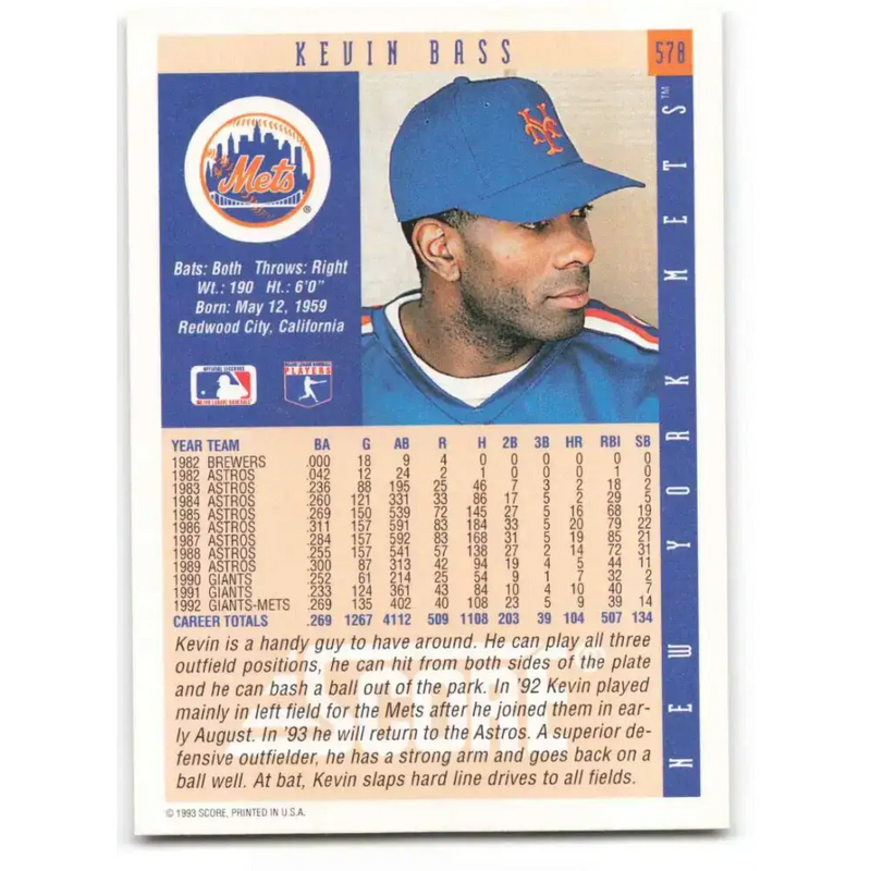 1993 Score #578 Kevin Bass NM-MT New York Mets Baseball Card - Baseball Card Single
