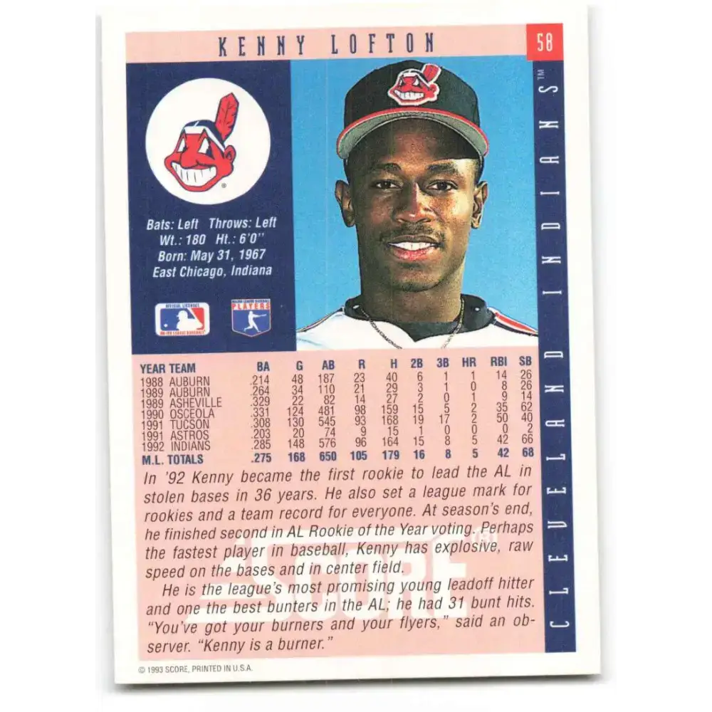 1993 Score #58 Kenny Lofton NM-MT Cleveland Indians Baseball Card - Baseball Card Single