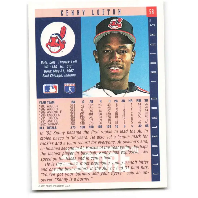 1993 Score #58 Kenny Lofton NM-MT Cleveland Indians Baseball Card - Baseball Card Single