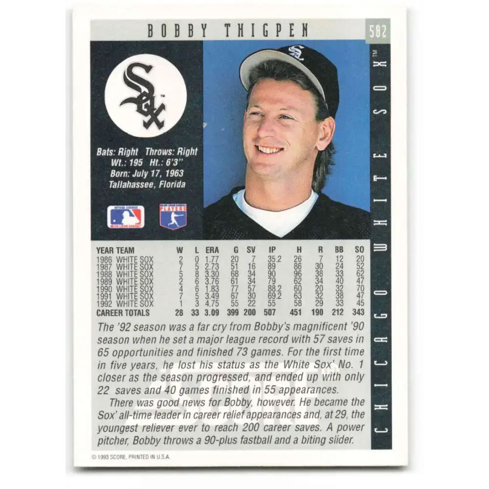 1993 Score #582 Bobby Thigpen NM-MT Chicago White Sox Baseball Card - Baseball Card Single