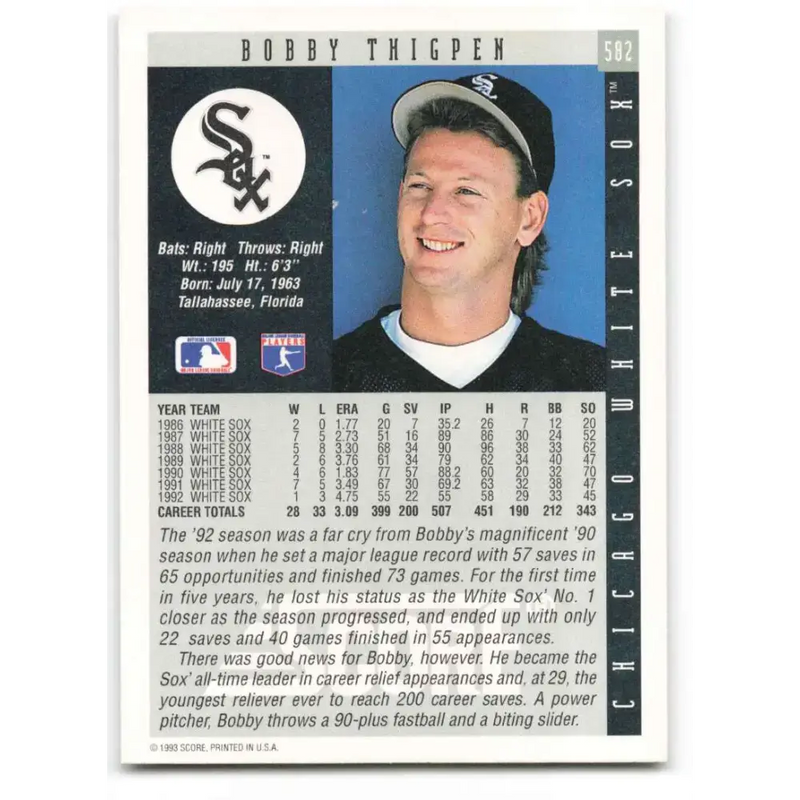 1993 Score #582 Bobby Thigpen NM-MT Chicago White Sox Baseball Card - Baseball Card Single
