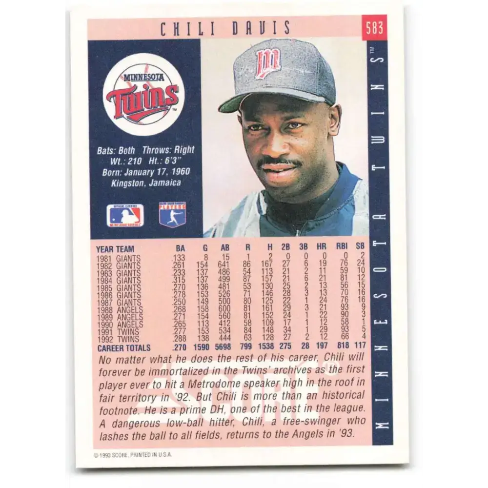 1993 Score #583 Chili Davis NM-MT Minnesota Twins Baseball Card - Baseball Card Single