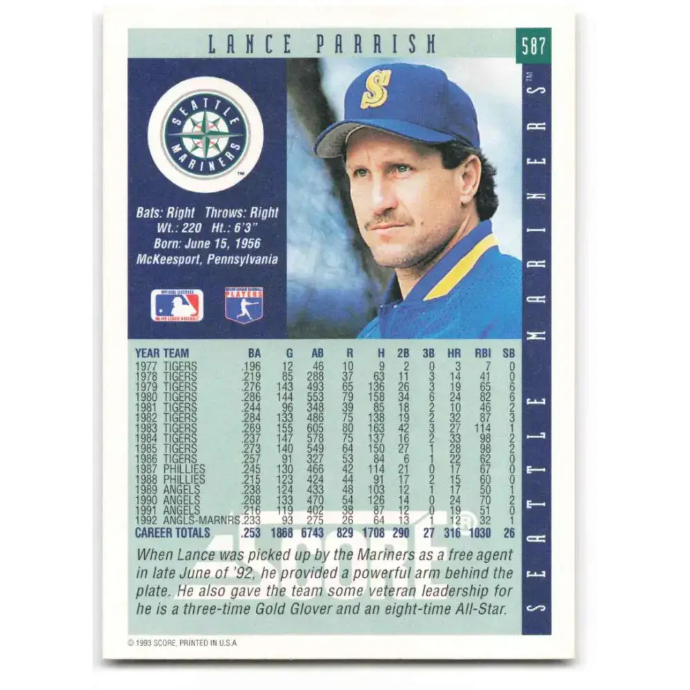 1993 Score #587 Lance Parrish NM-MT Seattle Mariners Baseball Card - Baseball Card Single