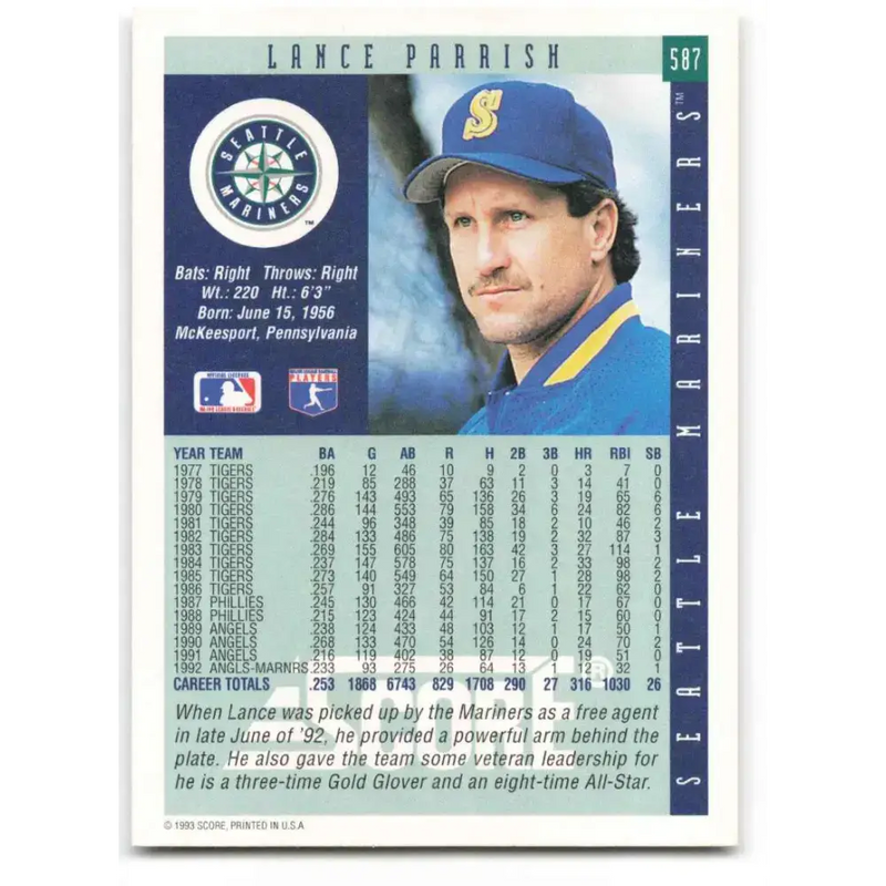 1993 Score #587 Lance Parrish NM-MT Seattle Mariners Baseball Card - Baseball Card Single