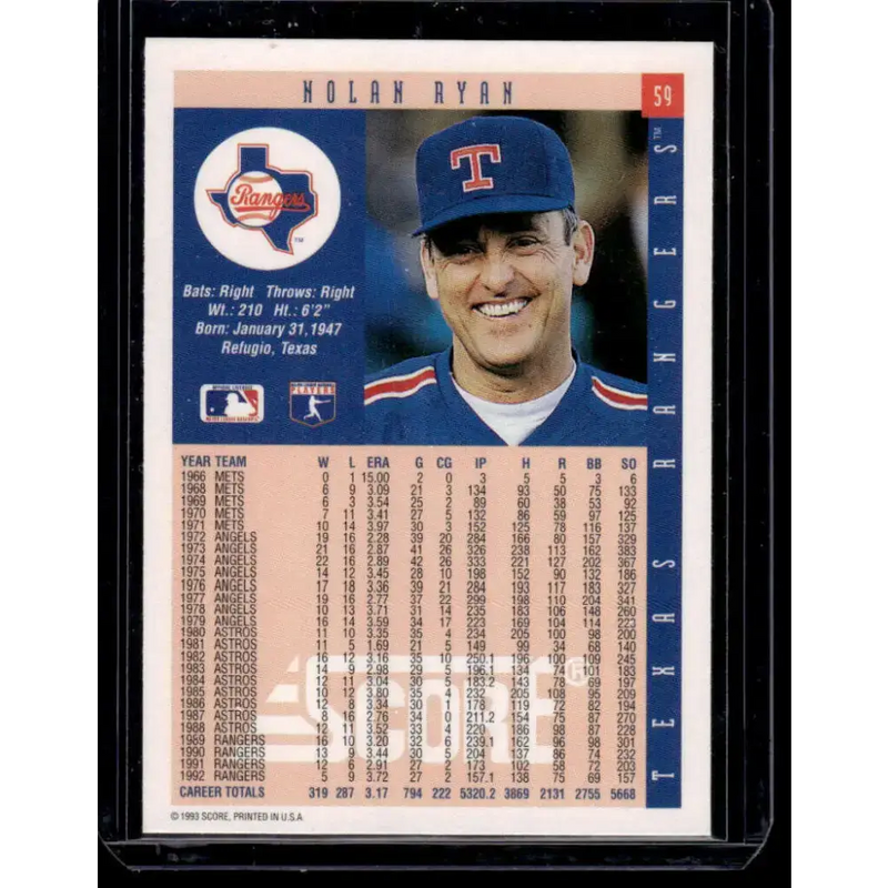 1993 Score #59 Nolan Ryan Texas Rangers NM-MT Baseball Card - Baseball Card Single