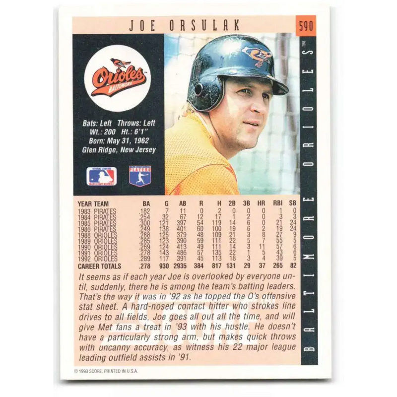 1993 Score #590 Joe Orsulak NM-MT Baltimore Orioles Baseball Card - Baseball Card Single