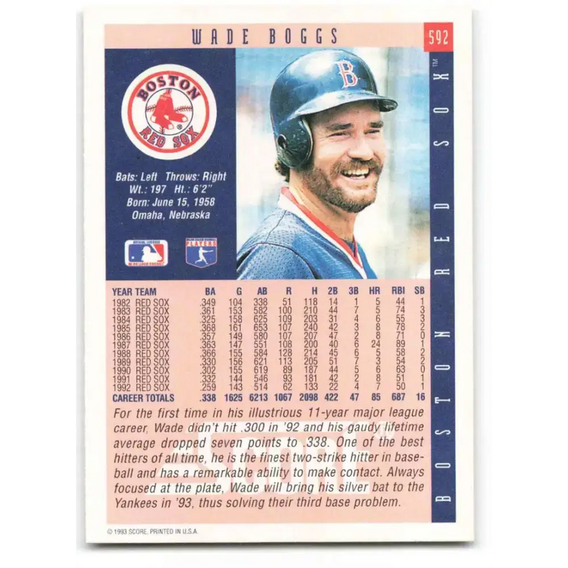 1993 Score #592 Wade Boggs NM-MT Boston Red Sox Baseball Card - Baseball Card Single