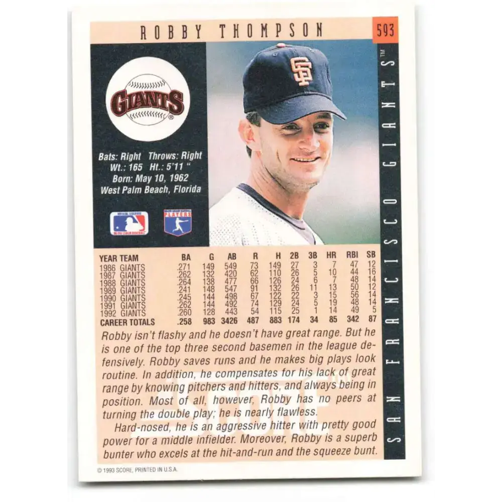 1993 Score #593 Robby Thompson NM-MT San Francisco Giants Baseball Card - Baseball Card Single
