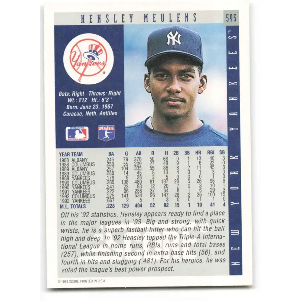 1993 Score #595 Hensley Meulens NM-MT New York Yankees Baseball Card - Baseball Card Single