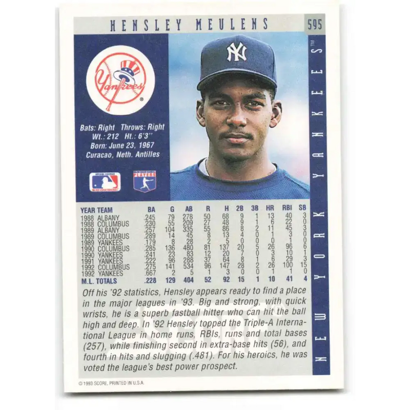 1993 Score #595 Hensley Meulens NM-MT New York Yankees Baseball Card - Baseball Card Single