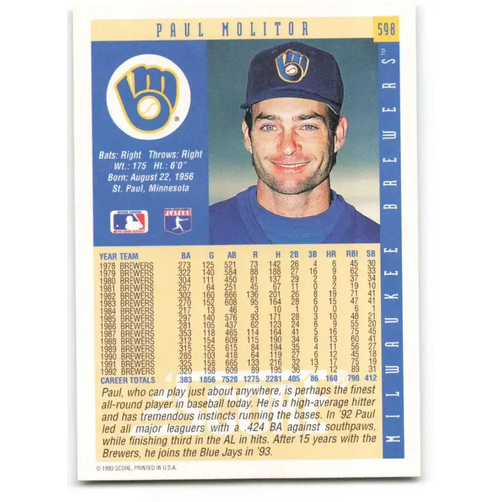 1993 Score #598 Paul Molitor NM-MT Milwaukee Brewers Baseball Card - Baseball Card Single