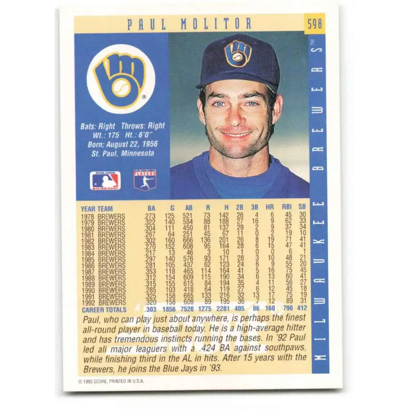 1993 Score #598 Paul Molitor NM-MT Milwaukee Brewers Baseball Card - Baseball Card Single