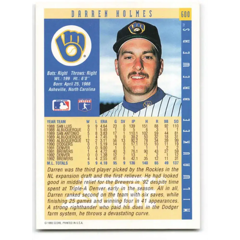 1993 Score #600 Darren Holmes NM-MT Milwaukee Brewers Baseball Card - Baseball Card Single