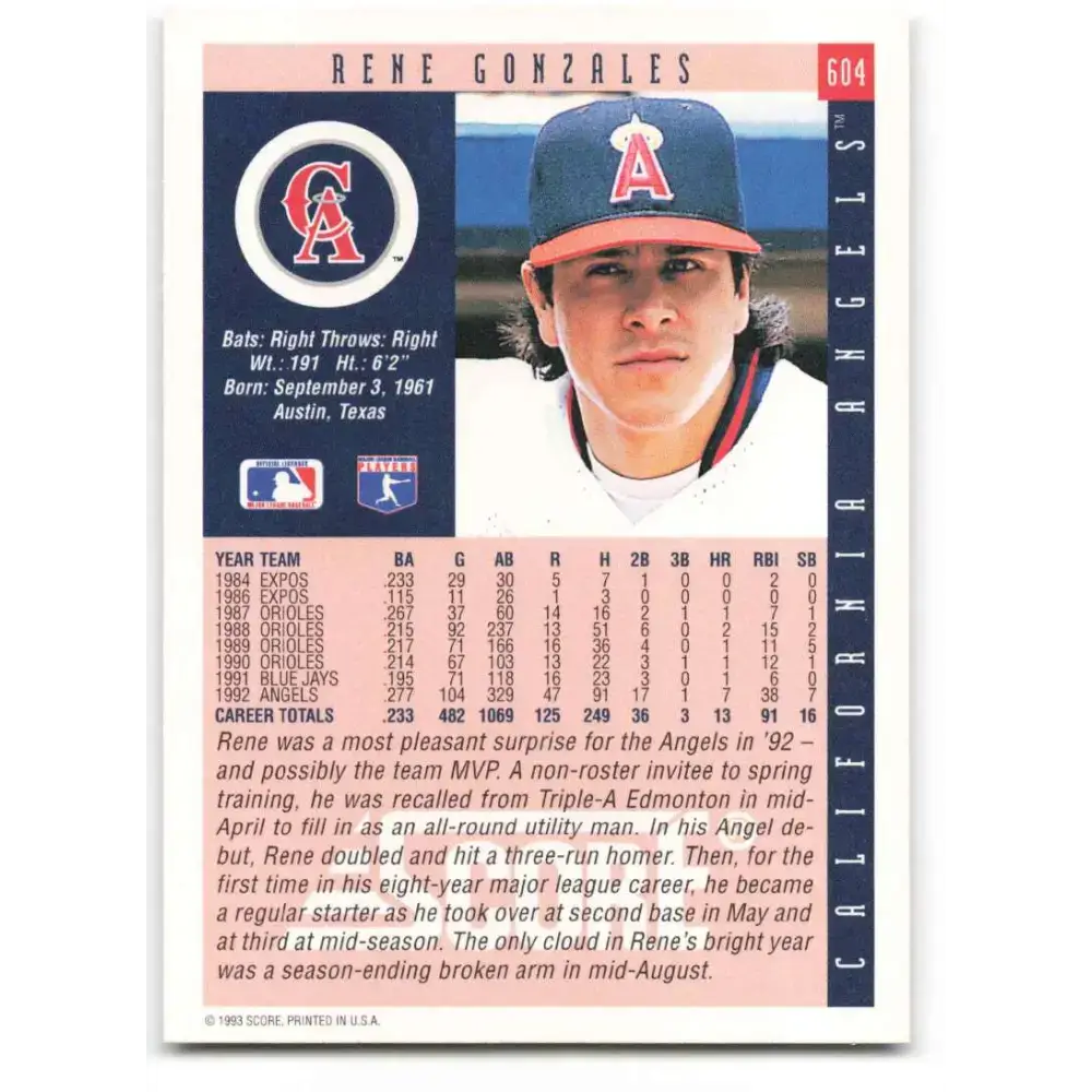 1993 Score #604 Rene Gonzales NM-MT California Angels Baseball Card - Baseball Card Single