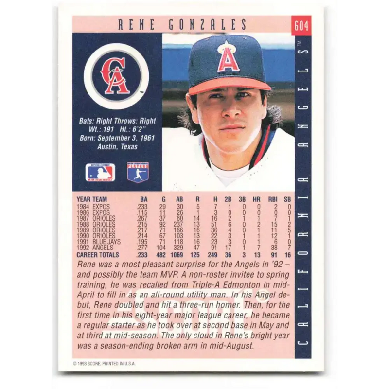 1993 Score #604 Rene Gonzales NM-MT California Angels Baseball Card - Baseball Card Single