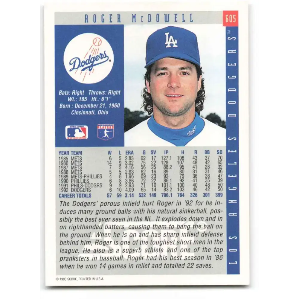 1993 Score #605 Roger McDowell NM-MT Los Angeles Dodgers Baseball Card - Baseball Card Single
