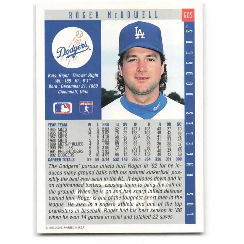1993 Score #605 Roger McDowell NM-MT Los Angeles Dodgers Baseball Card - Baseball Card Single