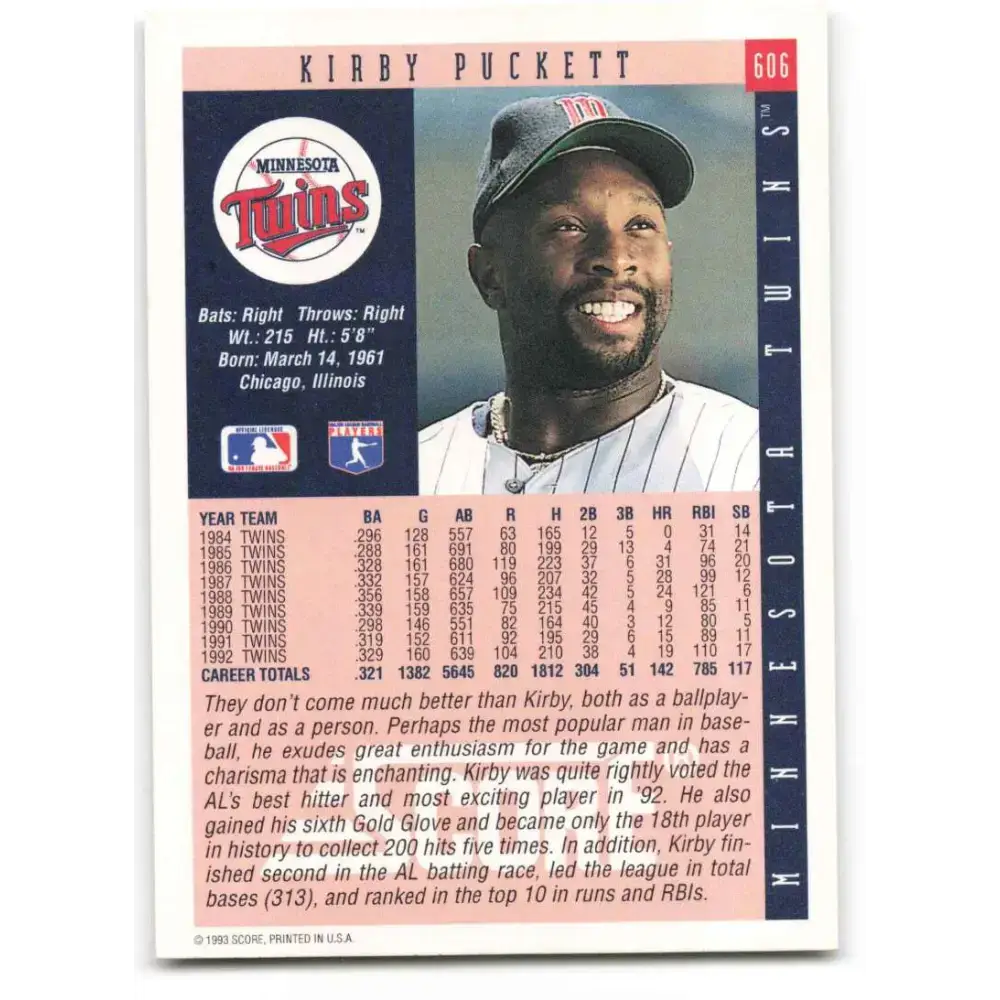 1993 Score #606 Kirby Puckett NM-MT Minnesota Twins Baseball Card - Baseball Card Single