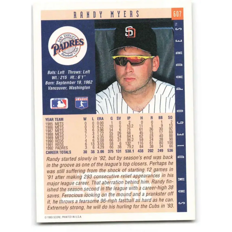 1993 Score #607 Randy Myers NM-MT San Diego Padres Baseball Card - Baseball Card Single