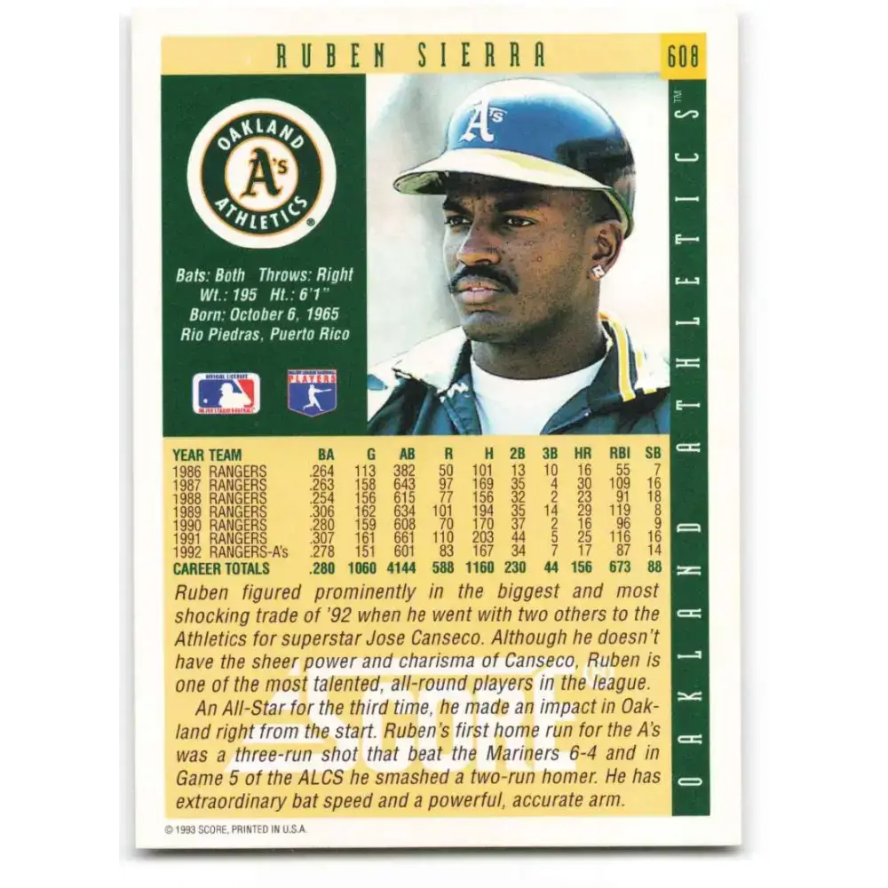 1993 Score #608 Ruben Sierra NM-MT Oakland Athletics Baseball Card - Baseball Card Single