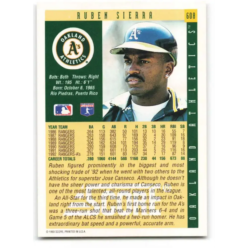1993 Score #608 Ruben Sierra NM-MT Oakland Athletics Baseball Card - Baseball Card Single