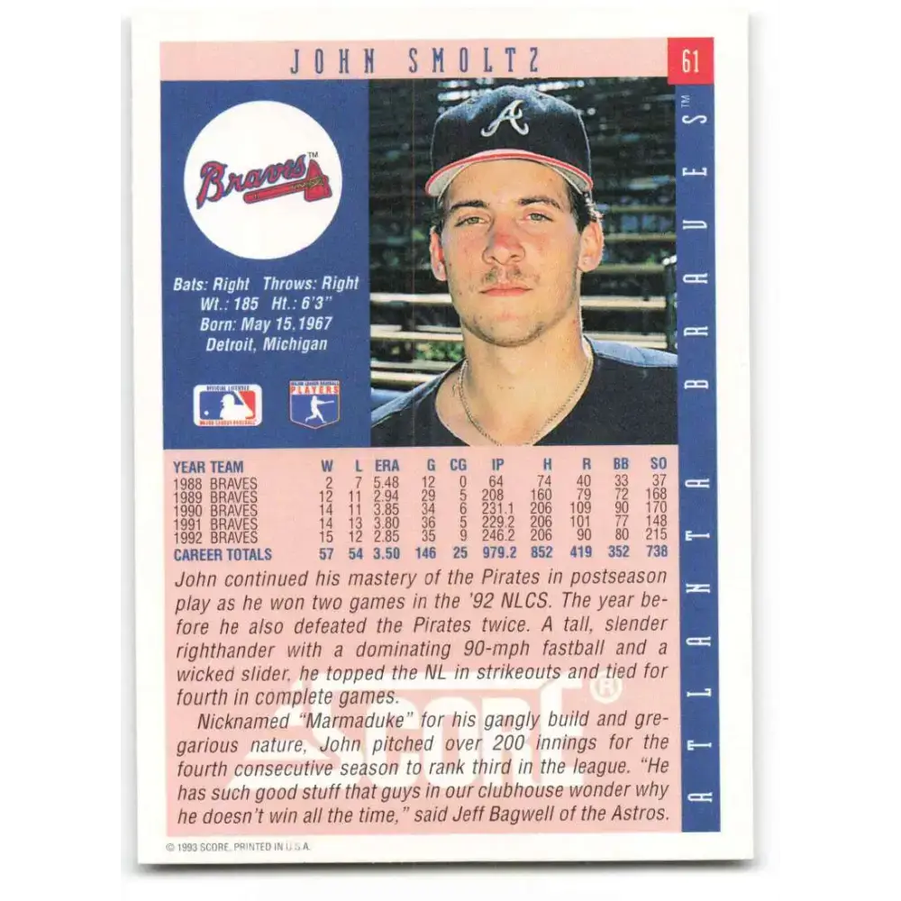 1993 Score #61 John Smoltz NM-MT Atlanta Braves Baseball Card - Baseball Card Single