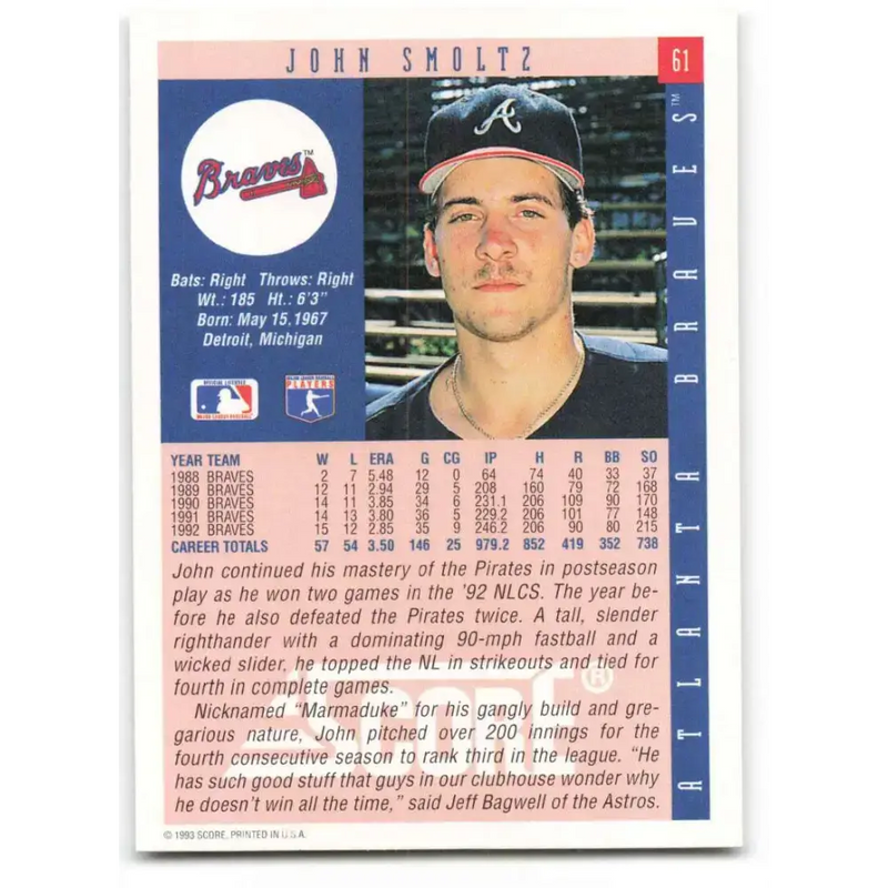 1993 Score #61 John Smoltz NM-MT Atlanta Braves Baseball Card - Baseball Card Single