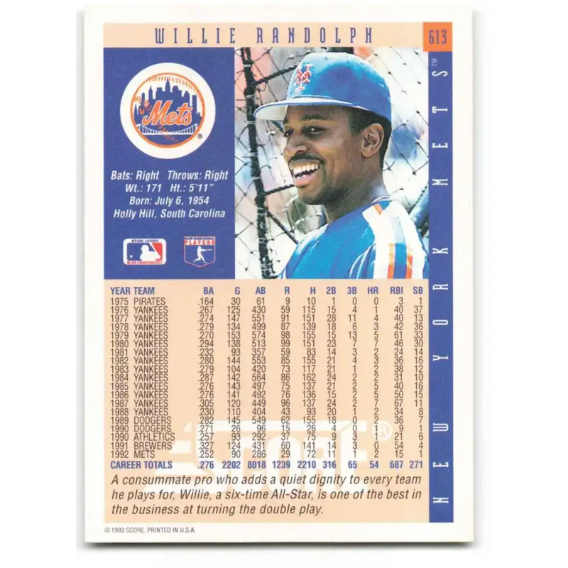 1993 Score #613 Willie Randolph NM-MT New York Mets Baseball Card - Baseball Card Single