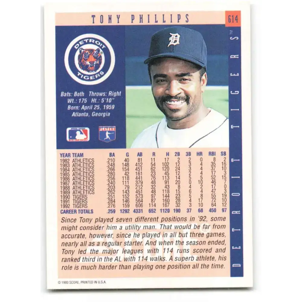 1993 Score #614 Tony Phillips NM-MT Detroit Tigers Baseball Card - Baseball Card Single