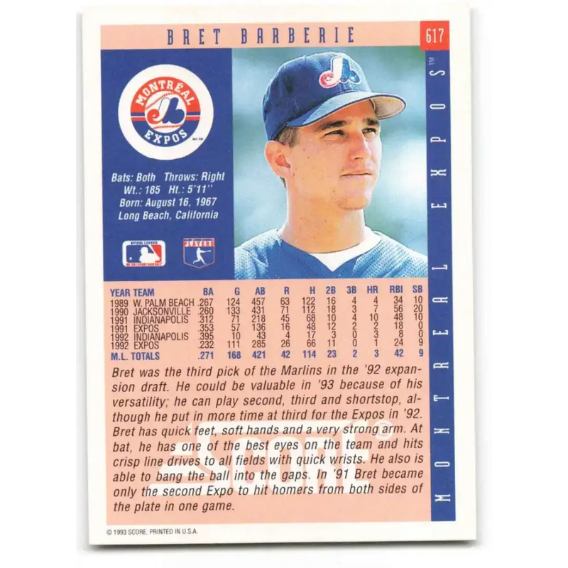 1993 Score #617 Bret Barberie NM-MT Montreal Expos Baseball Card - Baseball Card Single