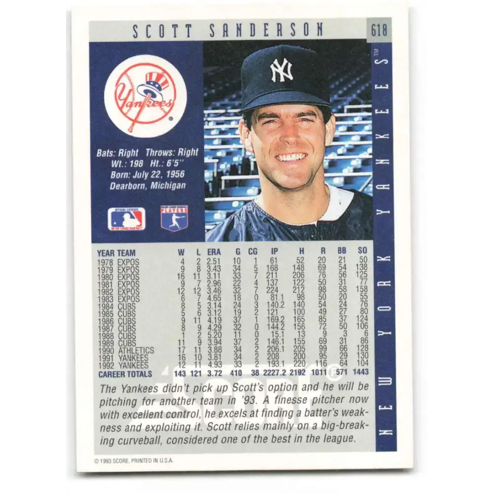 1993 Score #618 Scott Sanderson NM-MT New York Yankees Baseball Card - Baseball Card Single