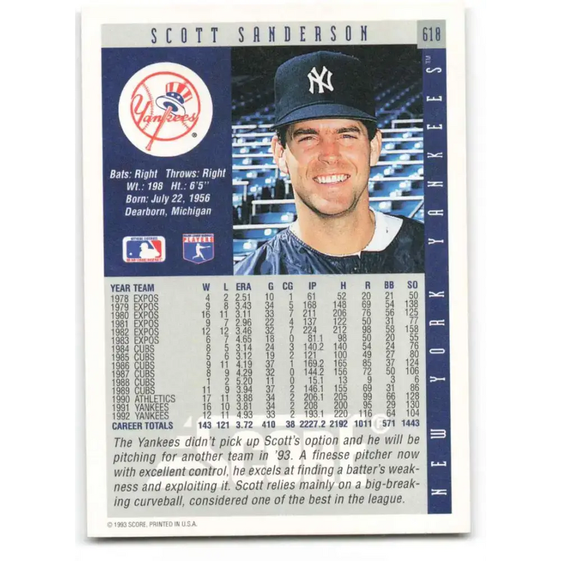 1993 Score #618 Scott Sanderson NM-MT New York Yankees Baseball Card - Baseball Card Single