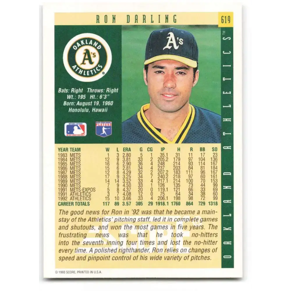 1993 Score #619 Ron Darling NM-MT Oakland Athletics Baseball Card - Baseball Card Single