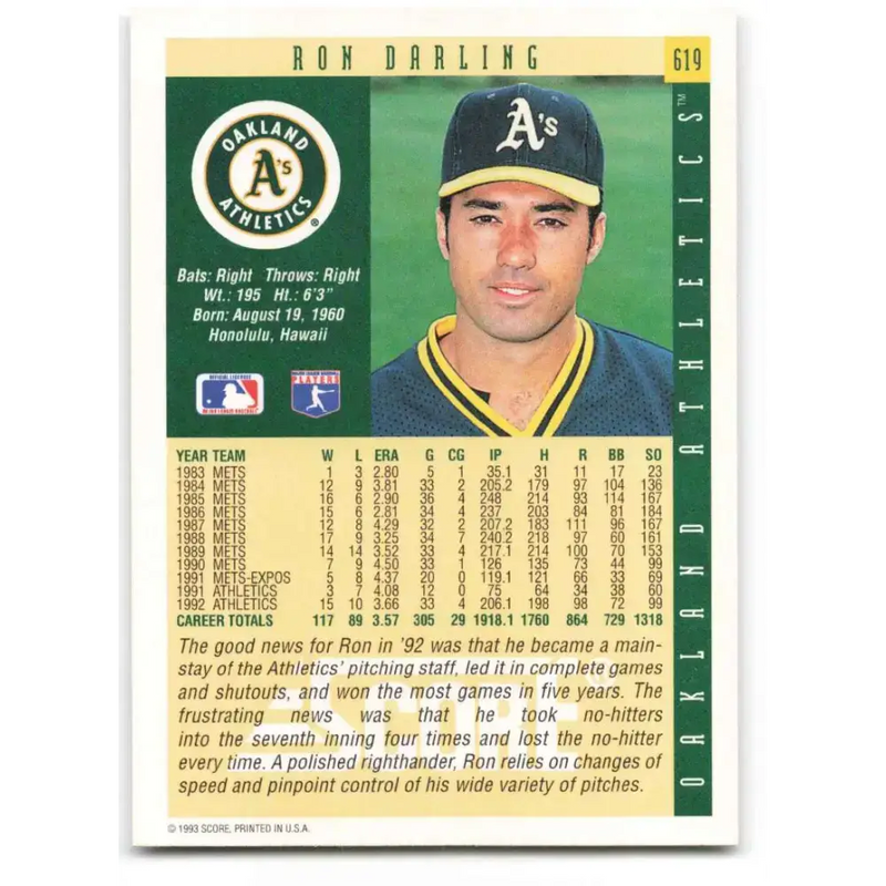 1993 Score #619 Ron Darling NM-MT Oakland Athletics Baseball Card - Baseball Card Single