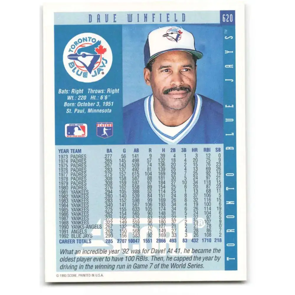 1993 Score #620 Dave Winfield NM-MT Toronto Blue Jays Baseball Card - Baseball Card Single