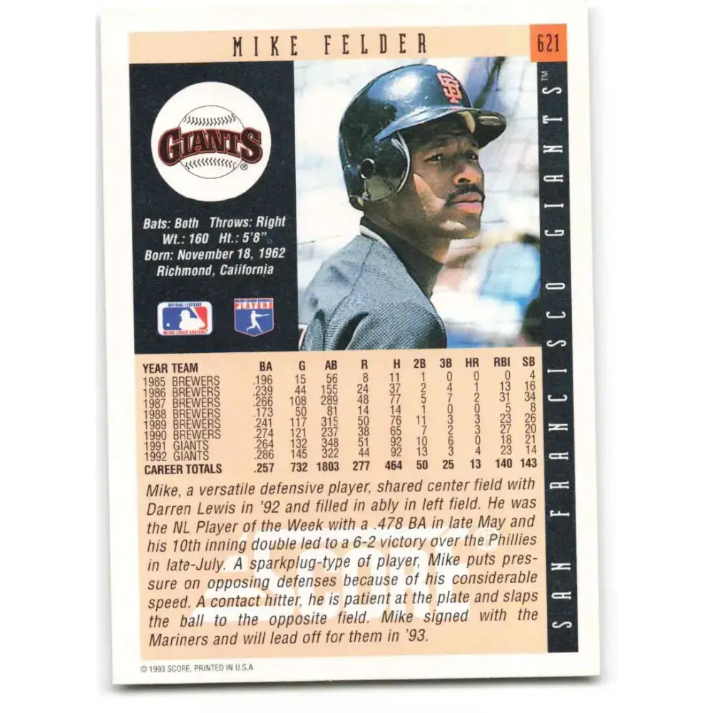 1993 Score #621 Mike Felder NM-MT San Francisco Giants Baseball Card - Baseball Card Single