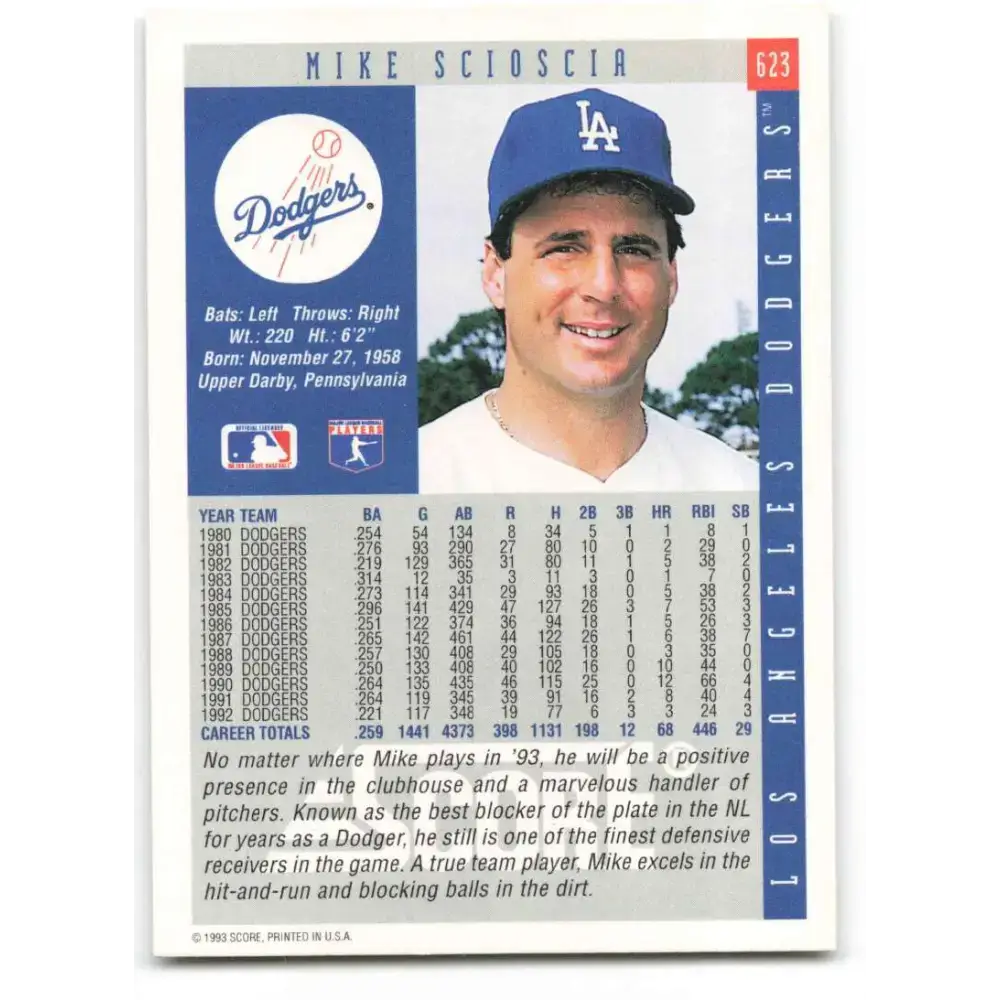 1993 Score #623 Mike Scioscia NM-MT Los Angeles Dodgers Baseball Card - Baseball Card Single