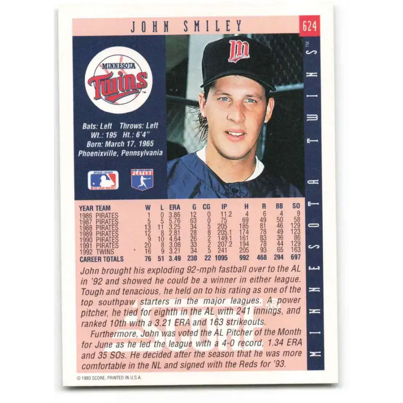 1993 Score #624 John Smiley NM-MT Minnesota Twins Baseball Card - Baseball Card Single