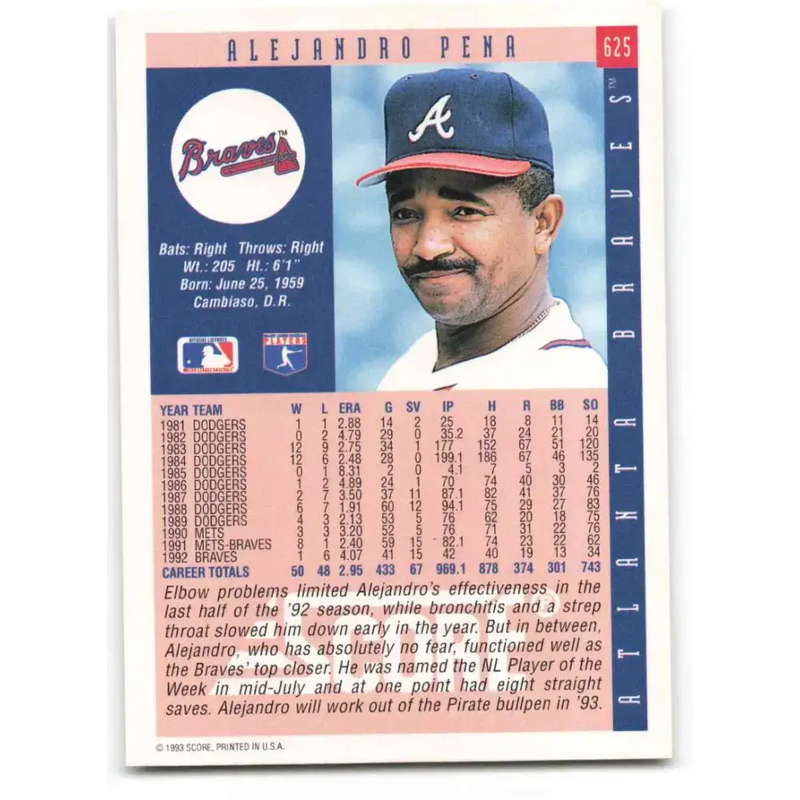 1993 Score #625 Alejandro Pena NM-MT Atlanta Braves Baseball Card - Baseball Card Single