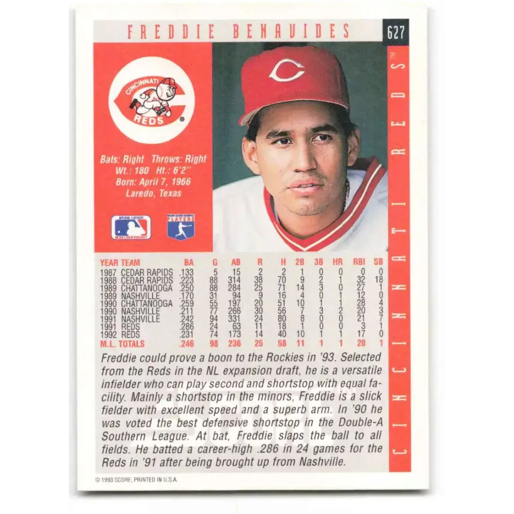 1993 Score #627 Freddie Benavides NM-MT Cincinnati Reds Baseball Card - Baseball Card Single