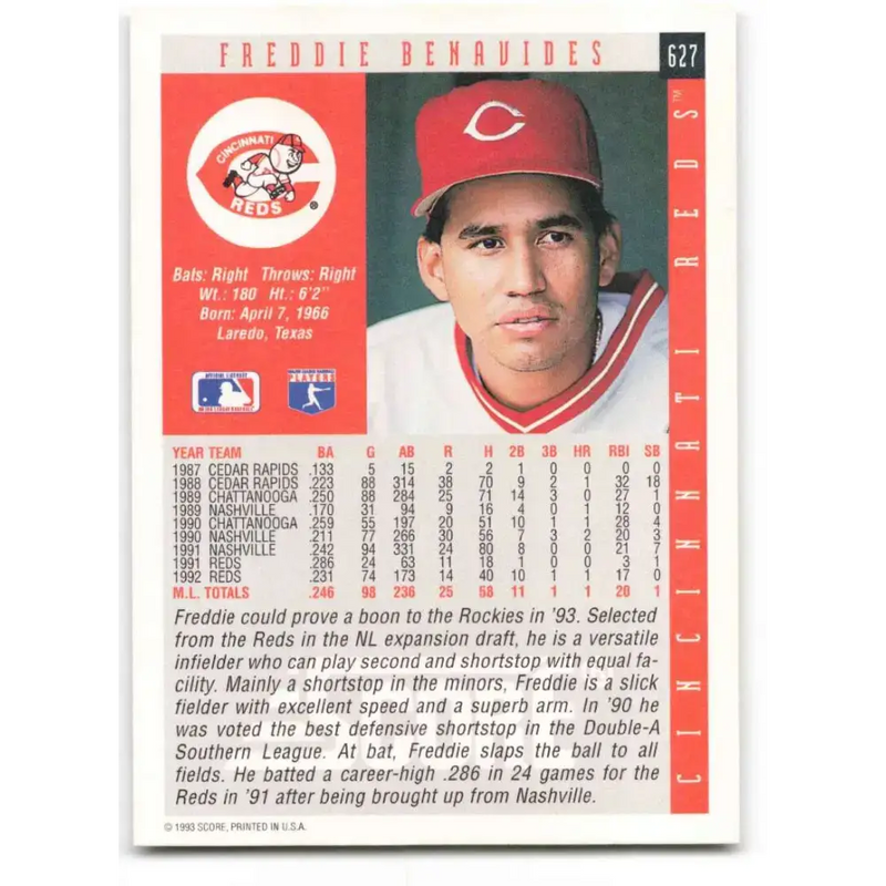 1993 Score #627 Freddie Benavides NM-MT Cincinnati Reds Baseball Card - Baseball Card Single