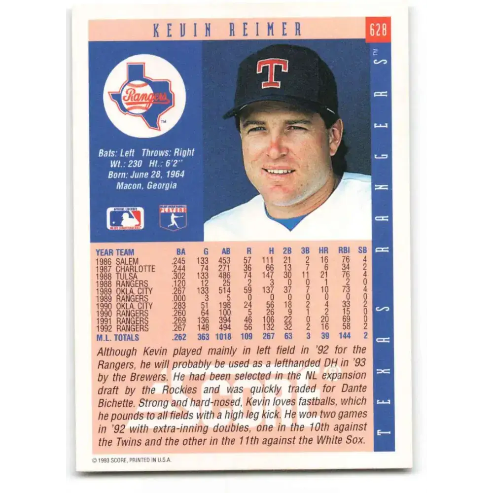 1993 Score #628 Kevin Reimer NM-MT Texas Rangers Baseball Card - Baseball Card Single