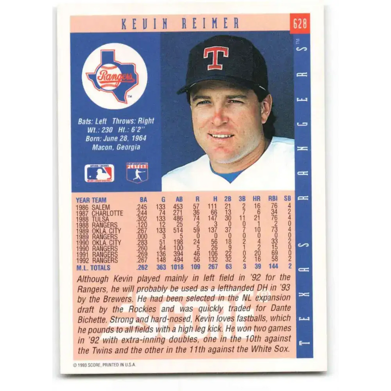1993 Score #628 Kevin Reimer NM-MT Texas Rangers Baseball Card - Baseball Card Single