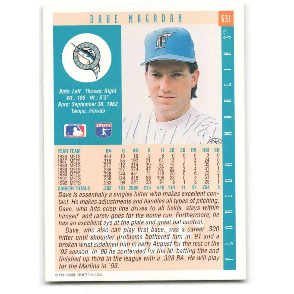 1993 Score #631 Dave Magadan NM-MT Florida Marlins Baseball Card - Baseball Card Single