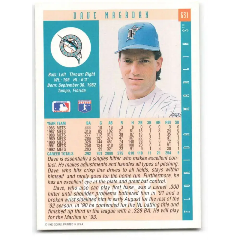 1993 Score #631 Dave Magadan NM-MT Florida Marlins Baseball Card - Baseball Card Single