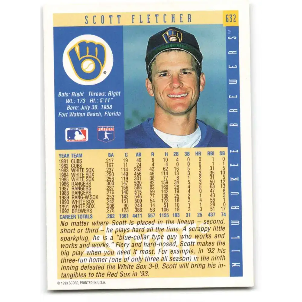 1993 Score #632 Scott Fletcher NM-MT Milwaukee Brewers Baseball Card - Baseball Card Single